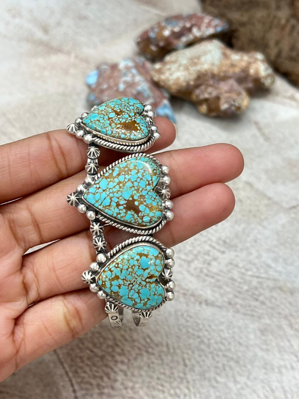 Handmade Sterling Silver Number 8 Turquoise Heart Cuff Bracelet with Signed Nizhoni