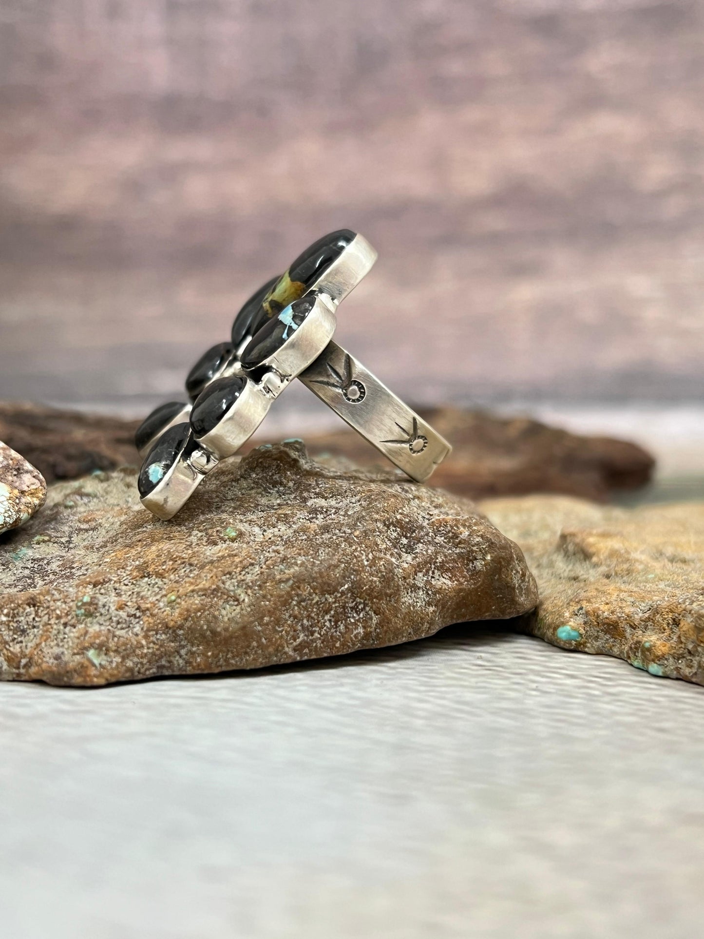 Handmade Sterling Silver Blackjack Turquoise Adjustable Ring Signed Nizhoni