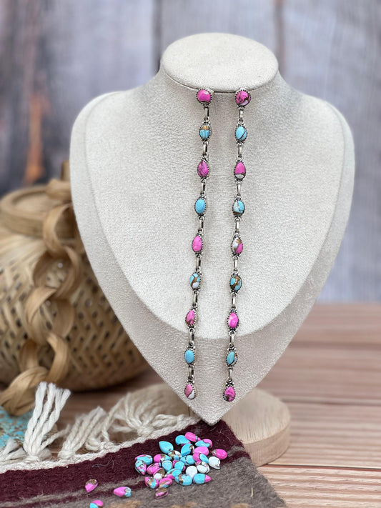 Handmade Sterling Silver Cotton Candy Turquoise Dangle Earrings with Signed Nizhoni