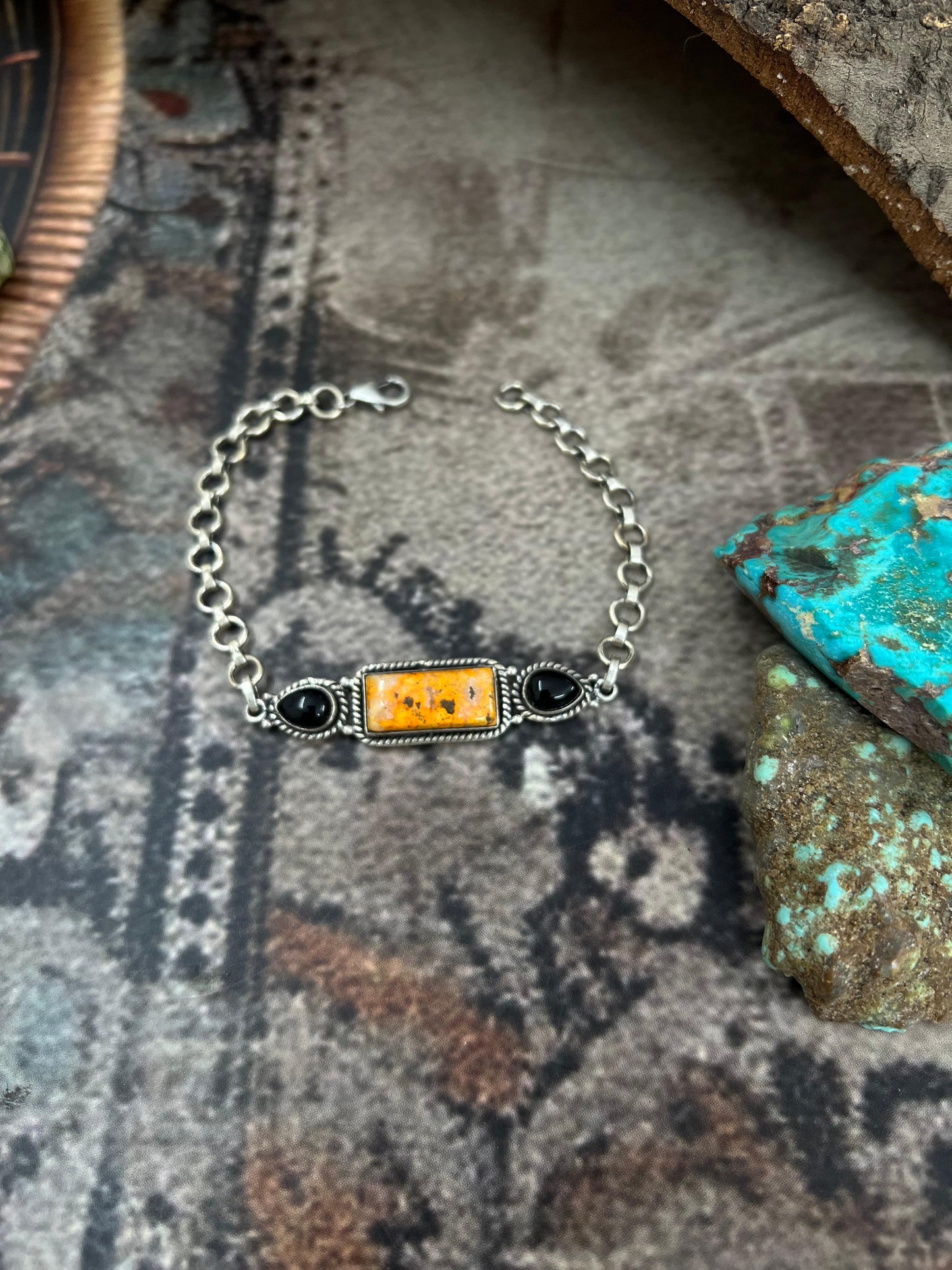 "Halloween Collection" Handmade Sterling Silver Black Onyx, Bumblebee Chain Bracelet with Signed Nizhoni