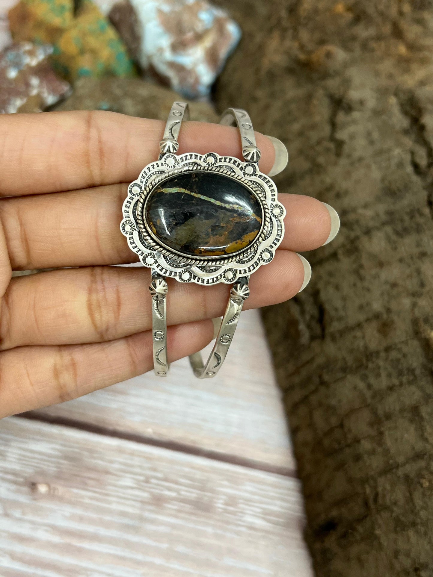 Handmade Sterling Silver Black Jack Cuff Bracelet with Signed Nizhoni