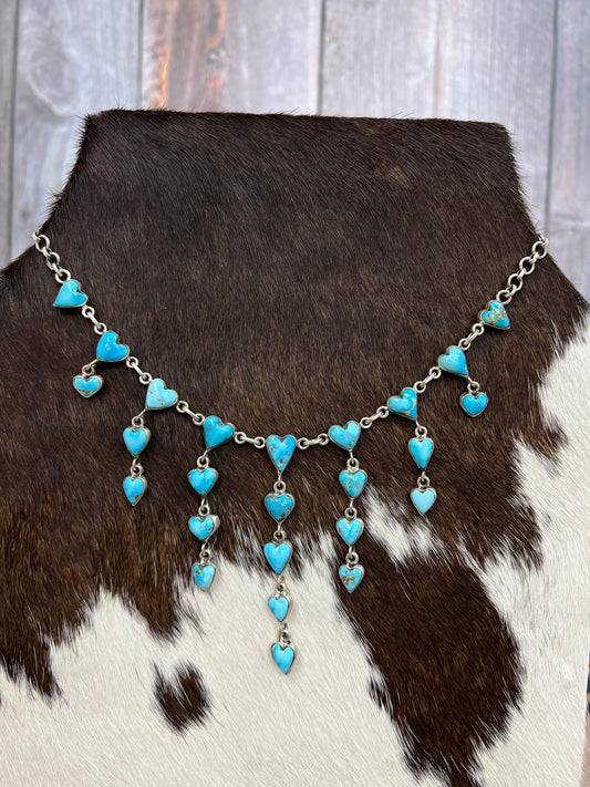 Handmade Sterling Silver Blue Bird Turquoise Necklace with Signed Nizhoni