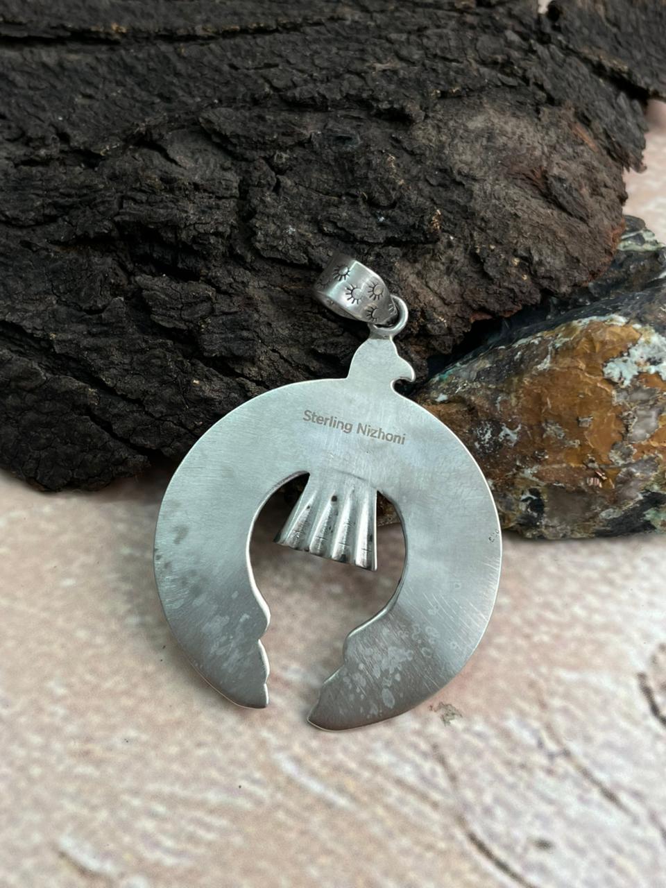Handmade Sterling Silver Kingman Turquoise Naja Pendant "Signed Nizhoni" (3)