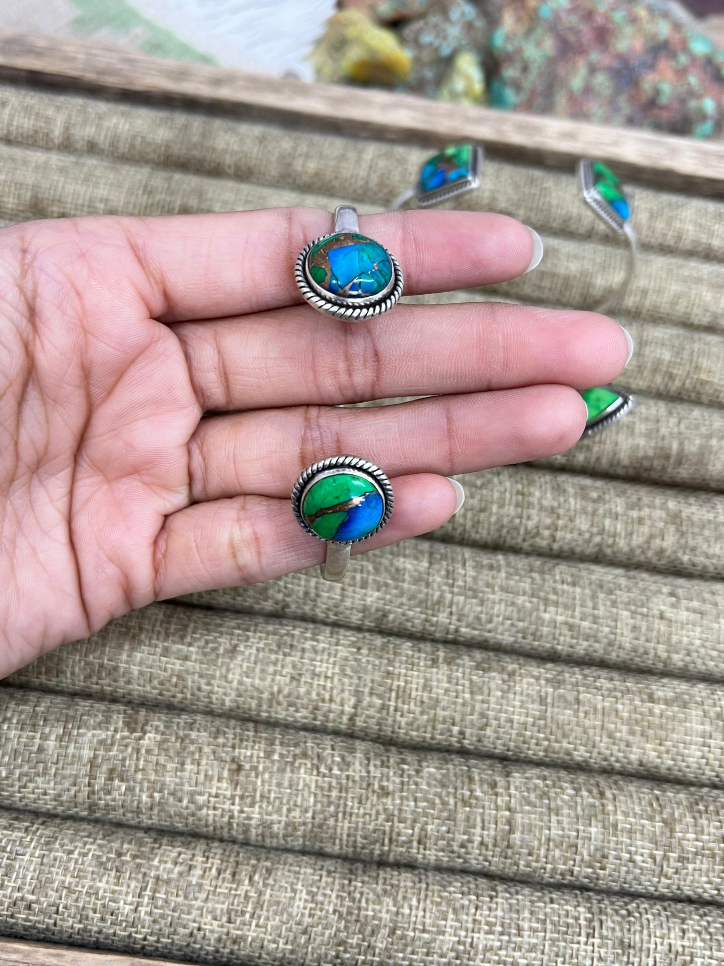 Handmade Sterling Silver Peacock Dahlia Cuff Bracelet with Signed Nizhoni