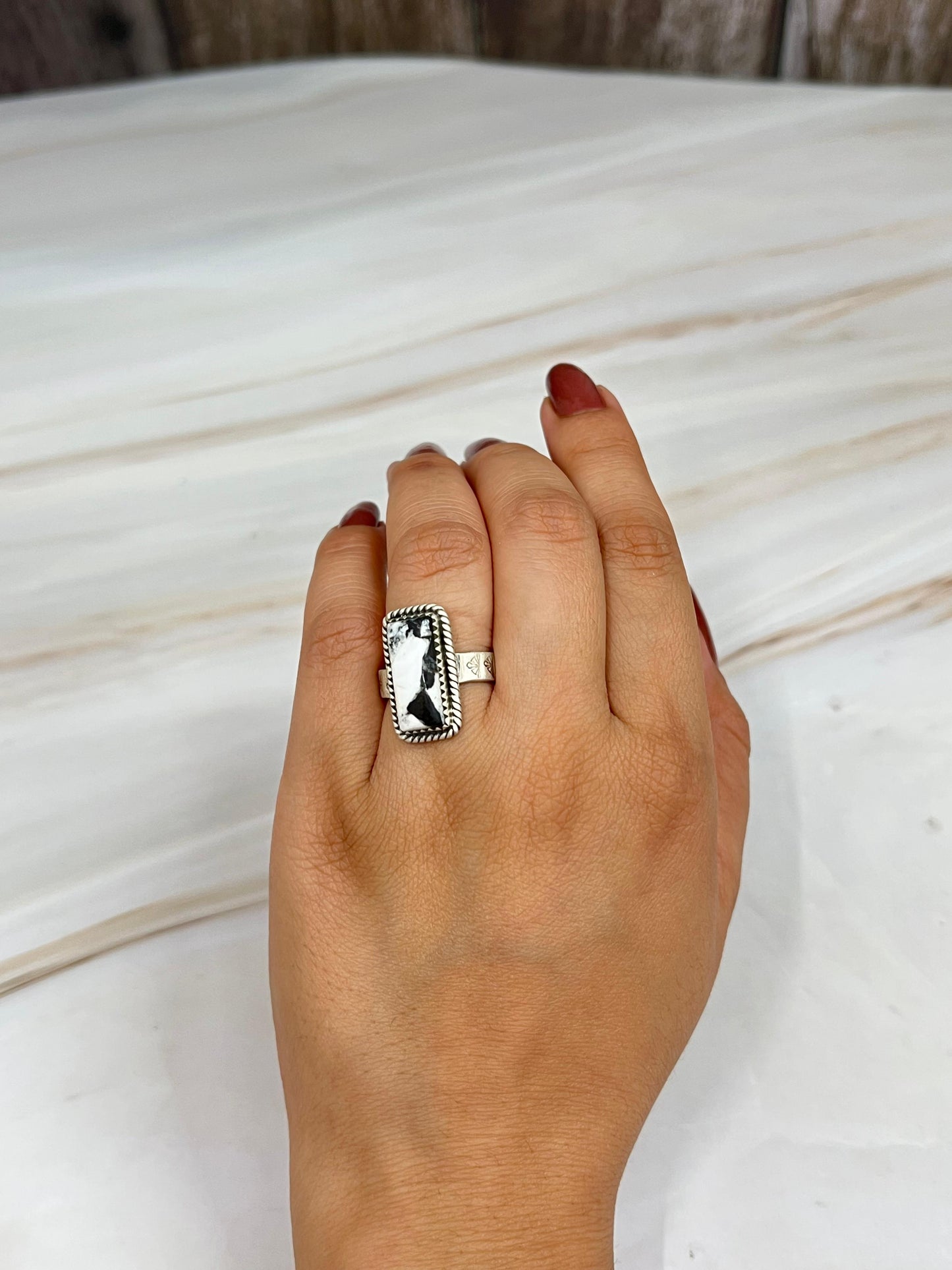 Handmade Sterling Silver White Buffalo Turquoise Adjustable Ring with Signed Nizhoni
