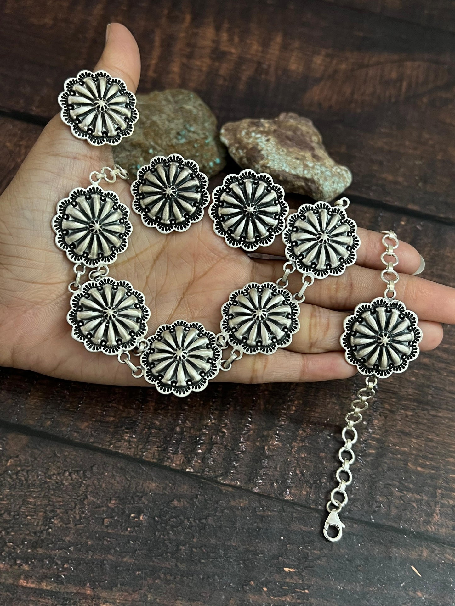 Handmade Sterling Silver Necklace Earrings Ring Bracelet Set, Signed Nizhoni