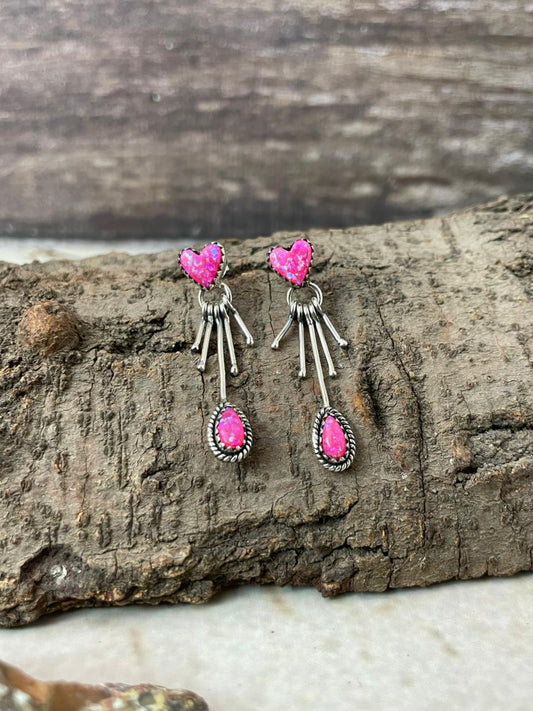 "Heart Collection" Handmade Sterling Silver Hot Pink Post Dangle Earrings "Signed Nizhoni"