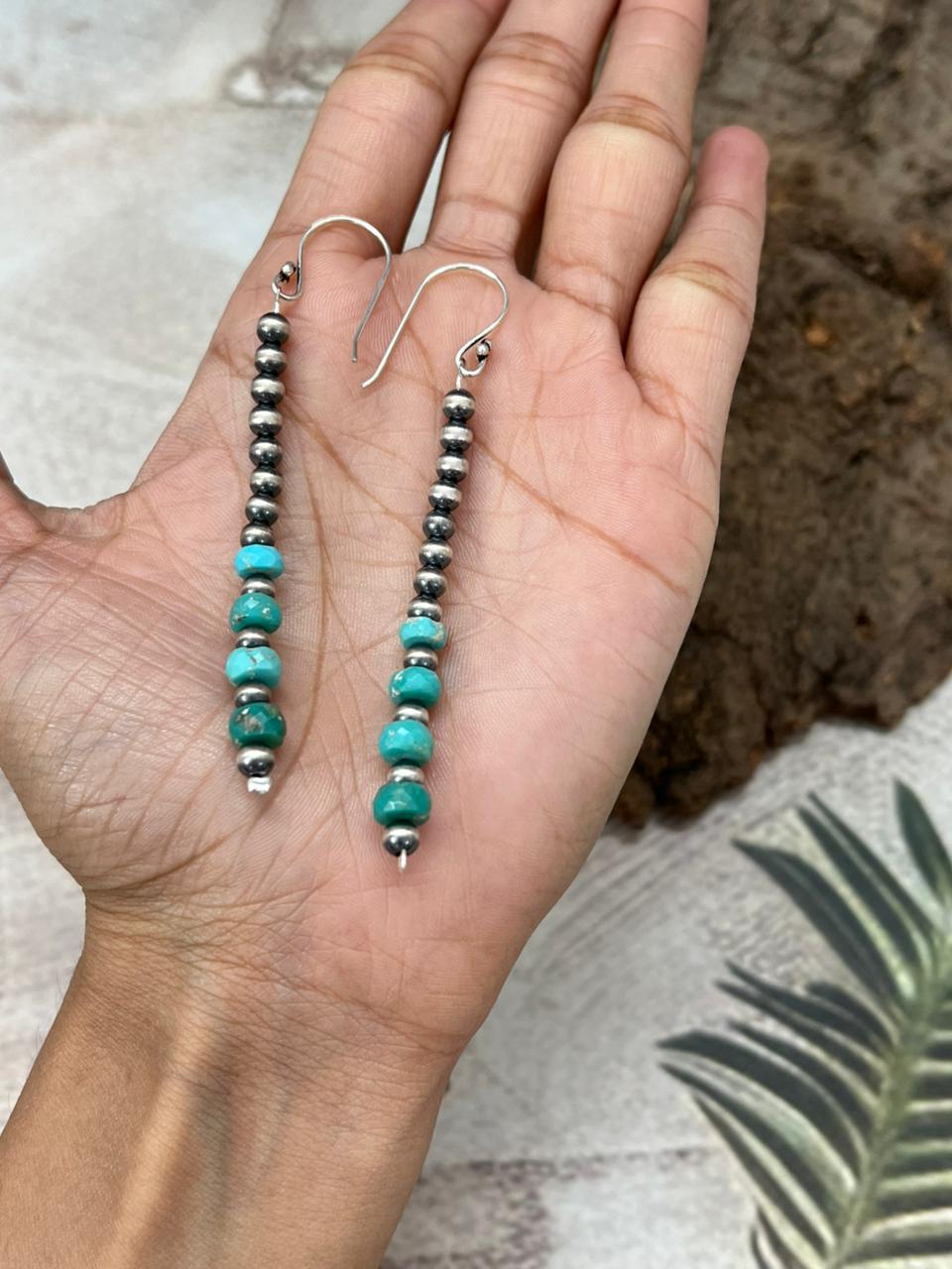 Handmade Sterling Silver Kingman Turquoise Beaded Hook Dangle Earrings