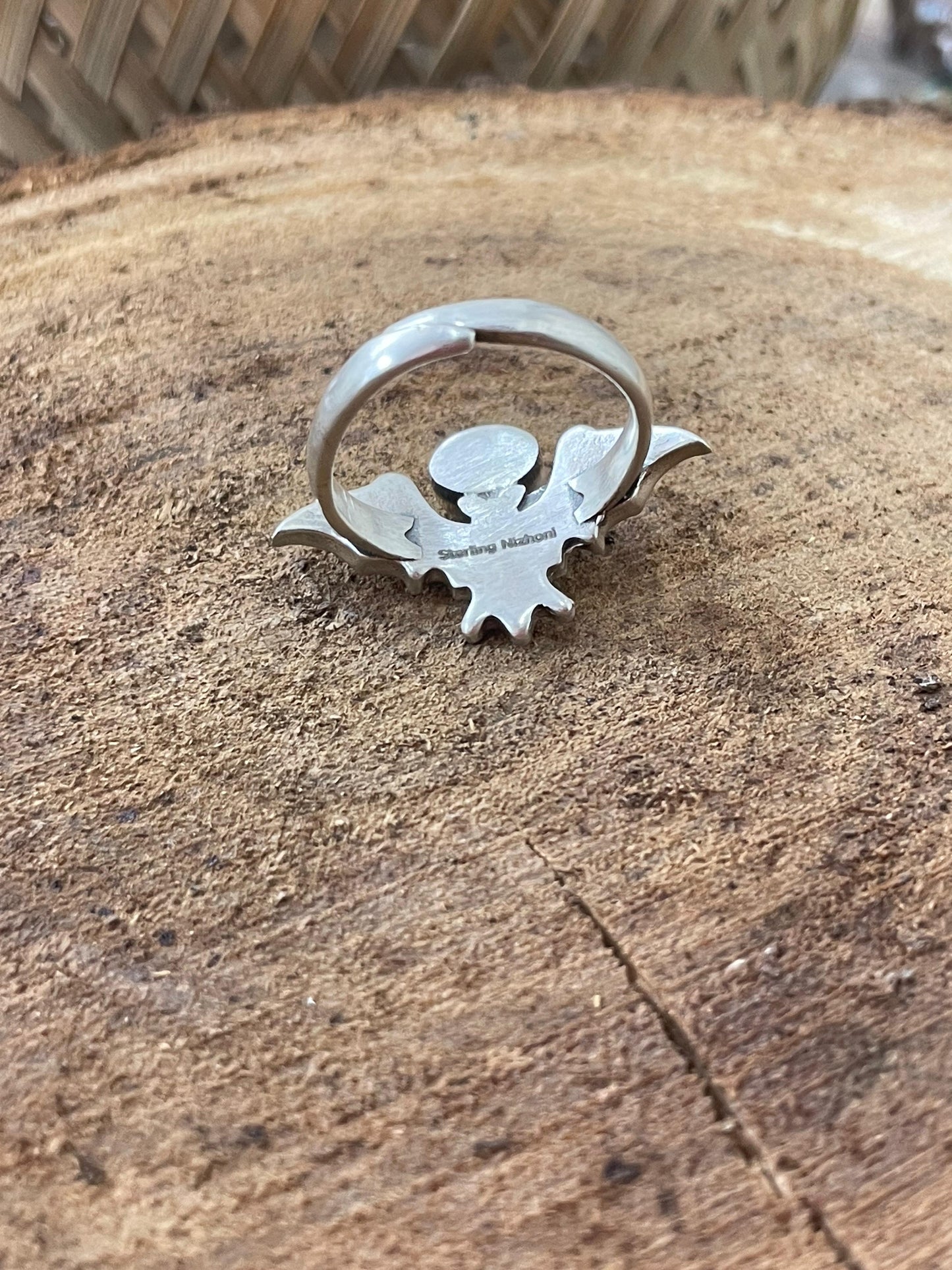 "Halloween Collection" Handmade Sterling Silver Black Onyx Bat Ring with Signed Nizhoni