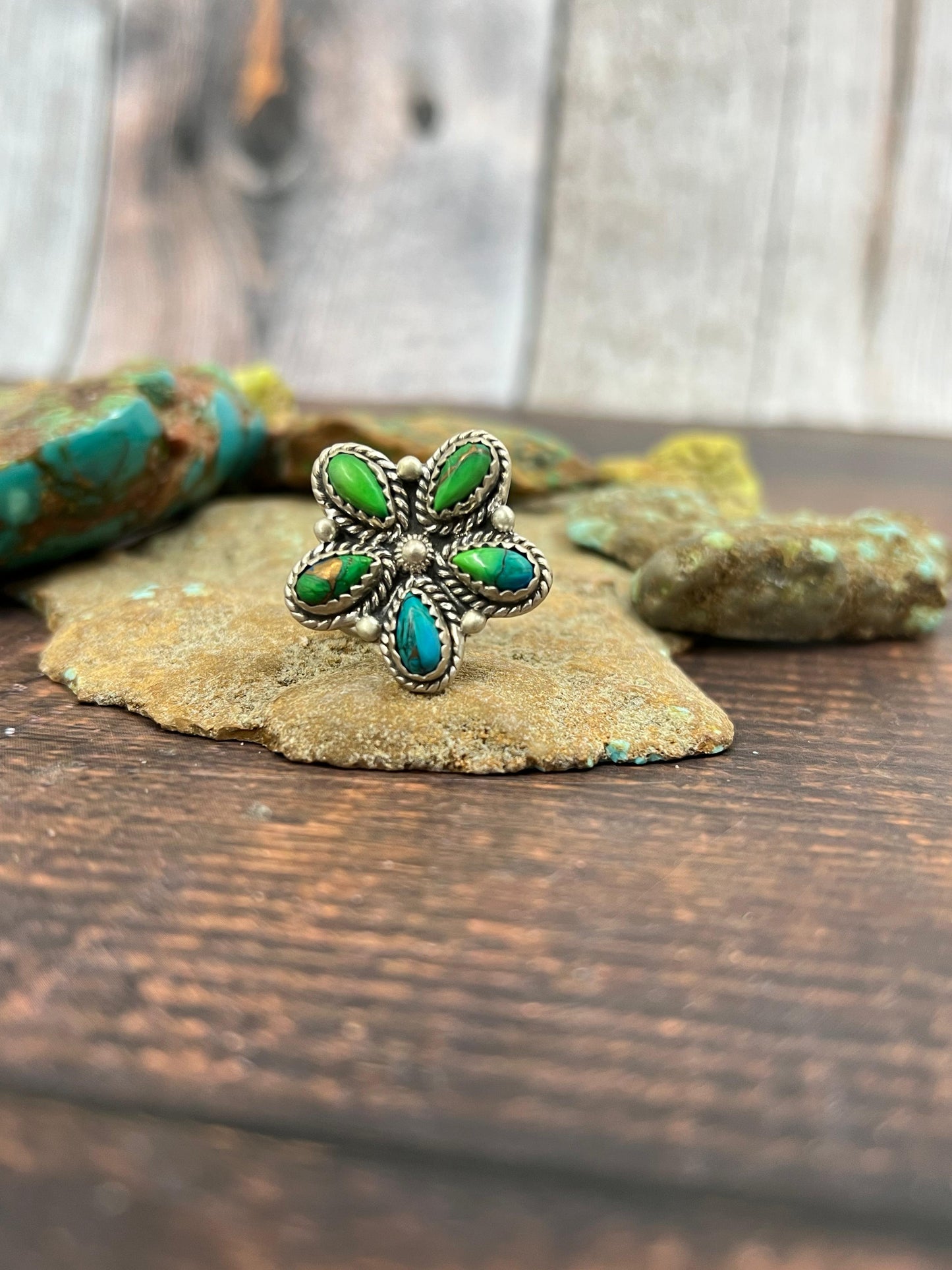 Handmade Sterling Silver Peacock Dahlia Adjustable Ring with Signed Nizhoni