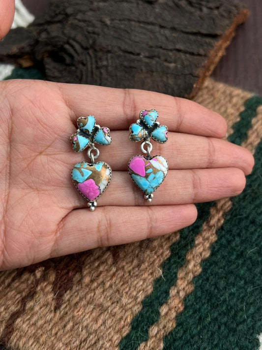 "Heart Collection" Handmade Sterling Silver Cotton Candy Post Dangle Earrings "Signed Nizhoni"