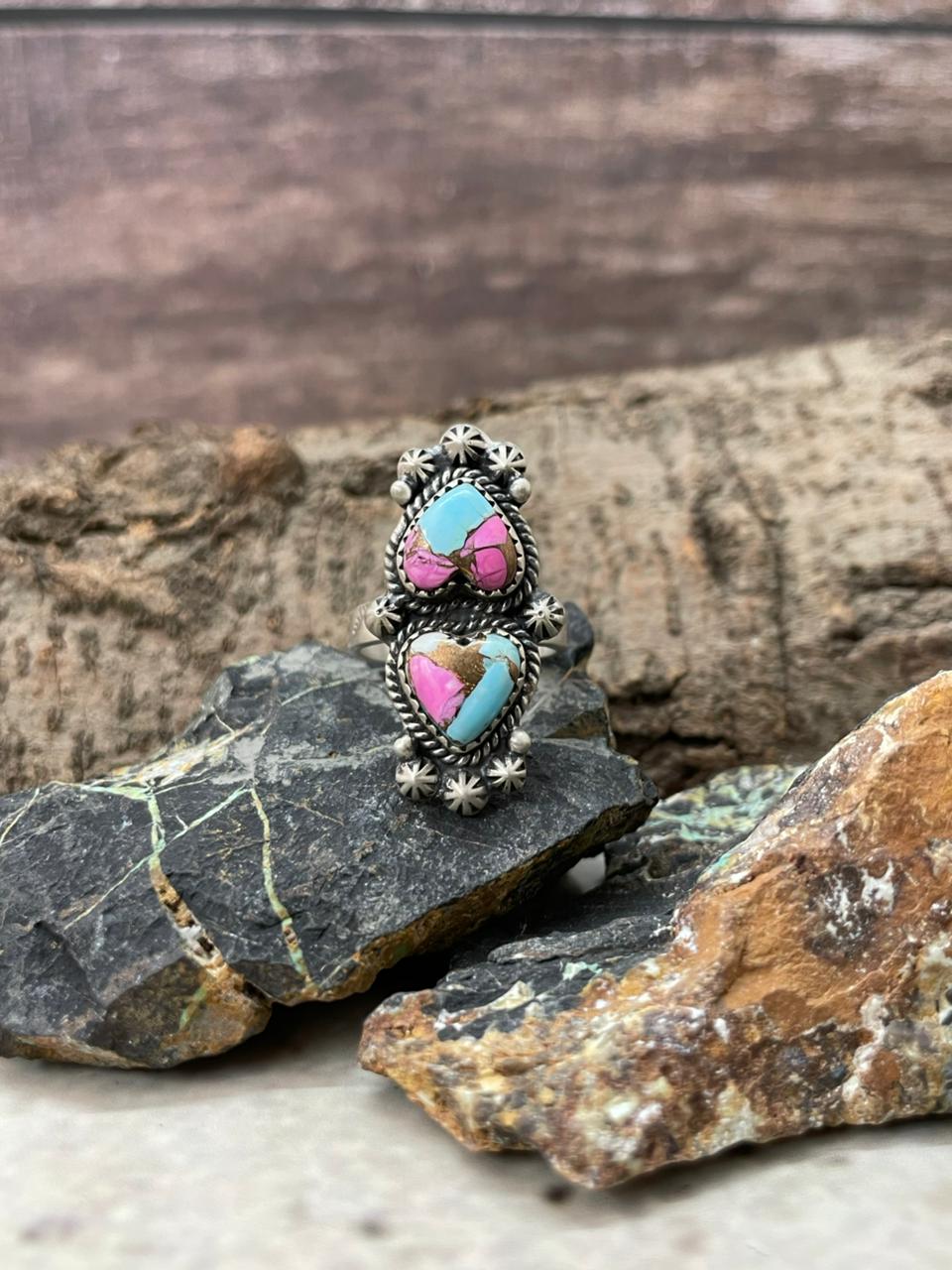 "Heart Collection" Handmade Sterling Silver Cotton Candy Adjustable Ring "Signed Nizhoni"