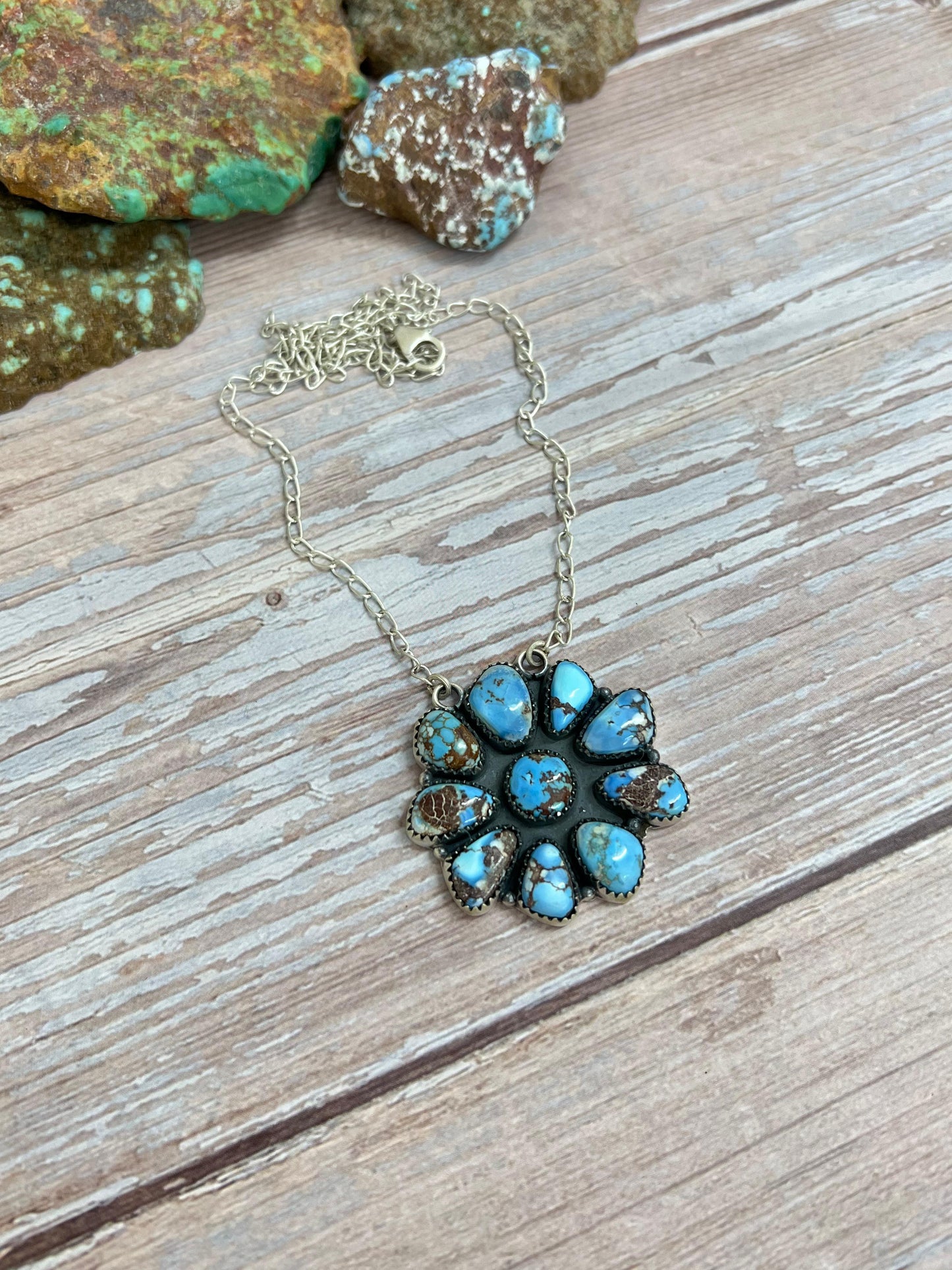 Handmade Sterling Silver Golden Hills Turquoise Necklace with Signed Nizhoni