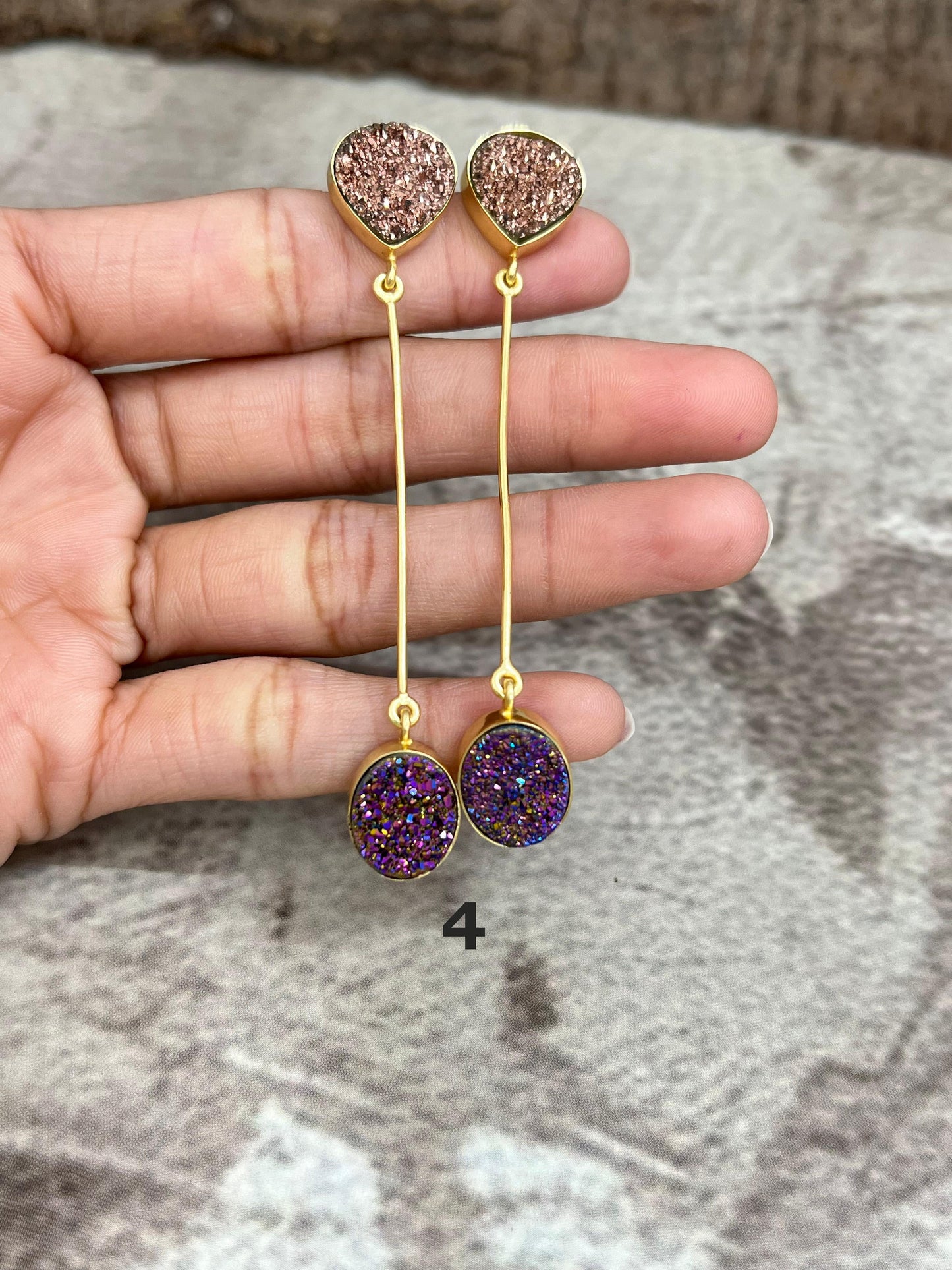 “The Boho Collection” Handmade Natural 2 Druzy Stone Post Dangle Earrings