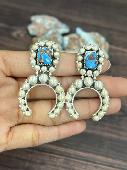 Handmade Sterling Silver Golden Hills Turquoise Post Dangle Earrings with Signed Nizhoni
