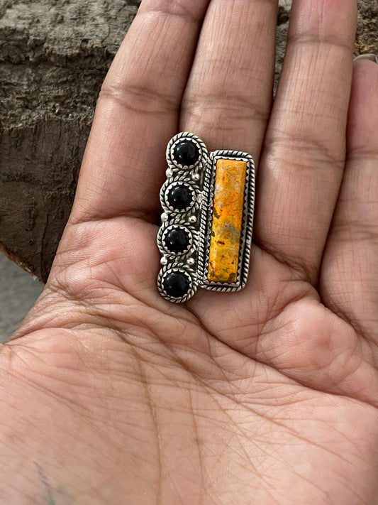 "Halloween Collection" Handmade Sterling Silver Black Onyx, Bumblebee Adjustable Ring with Signed Nizhoni