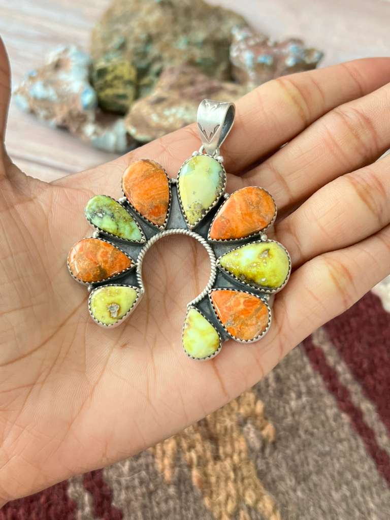 Handmade Sterling Silver Apple Coral and Palomino Naja Pendant "Signed Nizhoni"