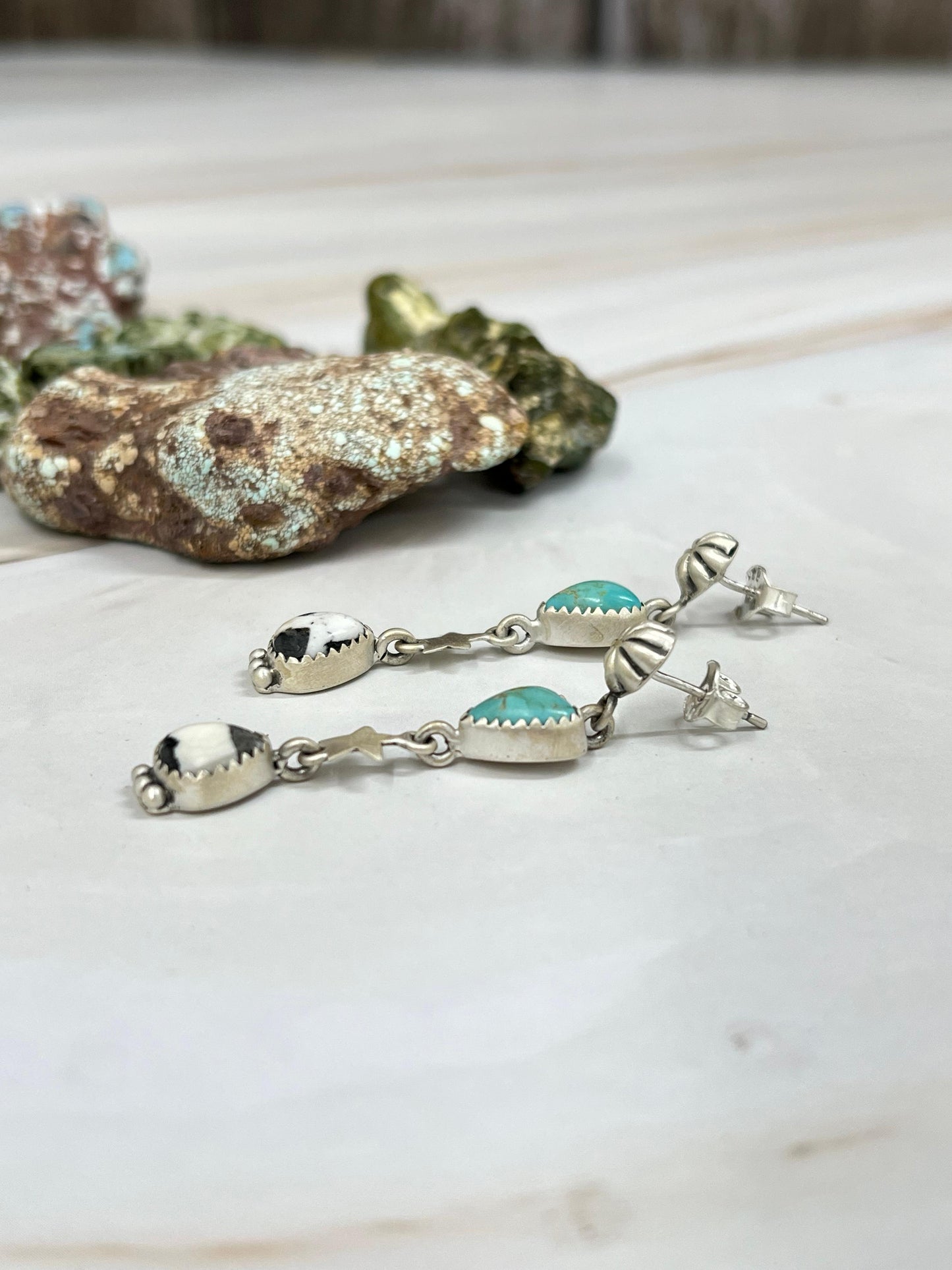 Handmade Sterling Silver White Buffalo with Kingman Turquoise Dangle Earrings with Signed Nizhoni (2)