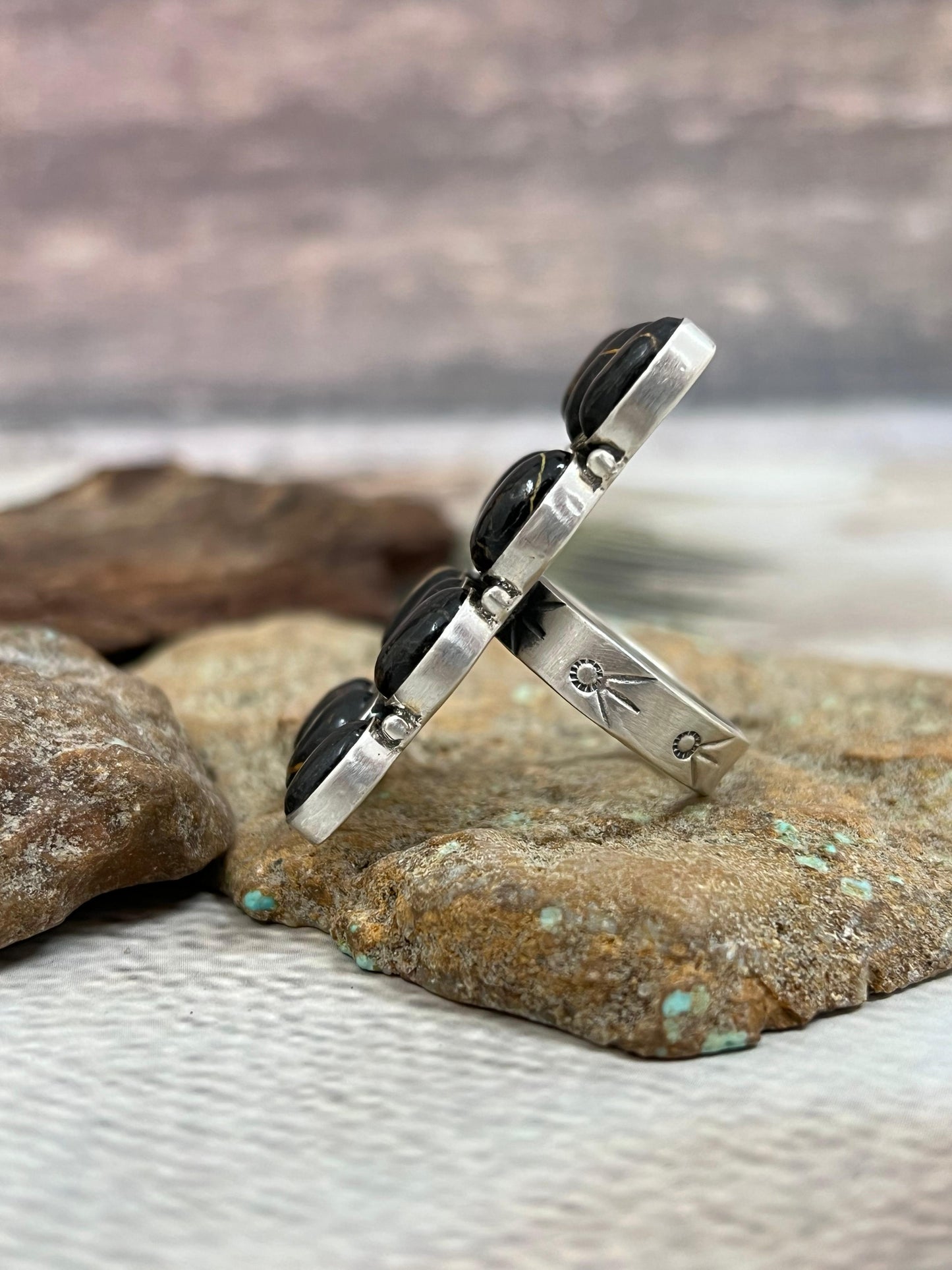 Handmade Sterling Silver Blackjack Turquoise Adjustable Ring Signed Nizhoni