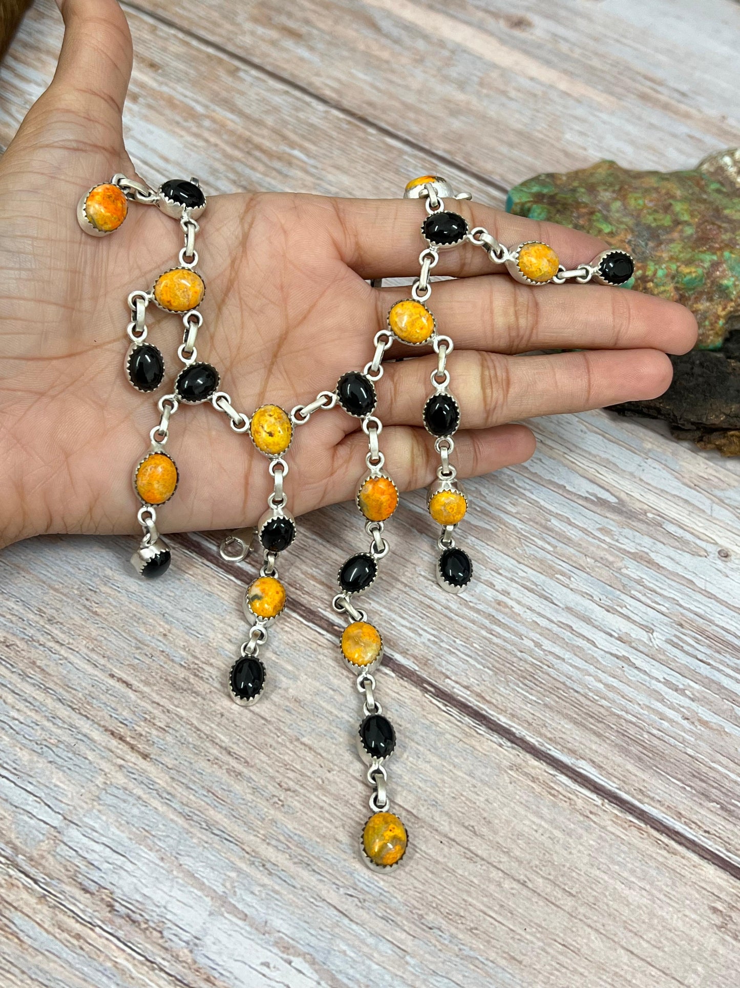 "Halloween Collection" Handmade Sterling Silver Black Onyx, Bumblebee Necklace with Signed Nizhoni