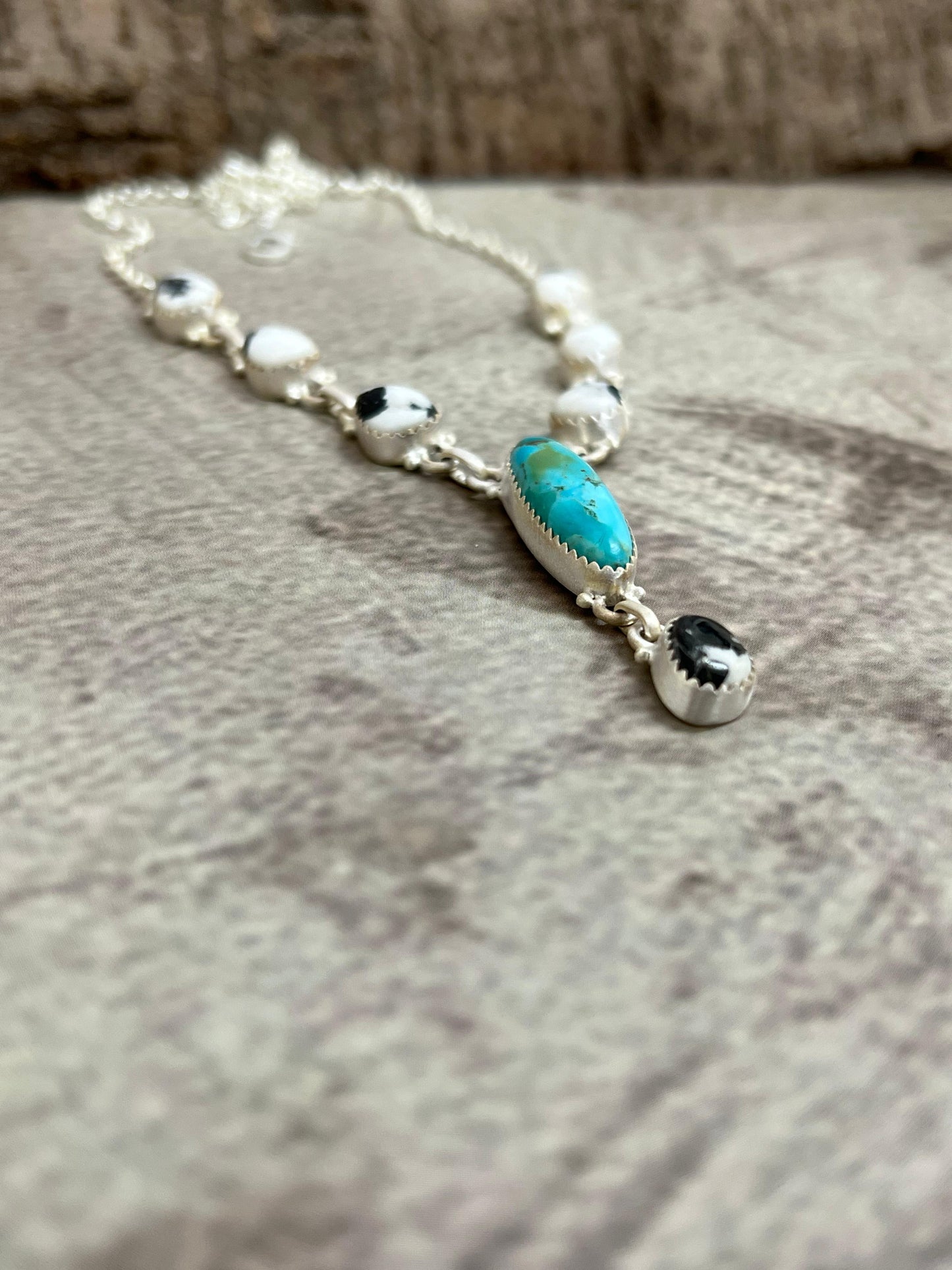 Handmade Sterling Silver White Buffalo with Kingman Turquoise Necklace, Signed Nizhoni