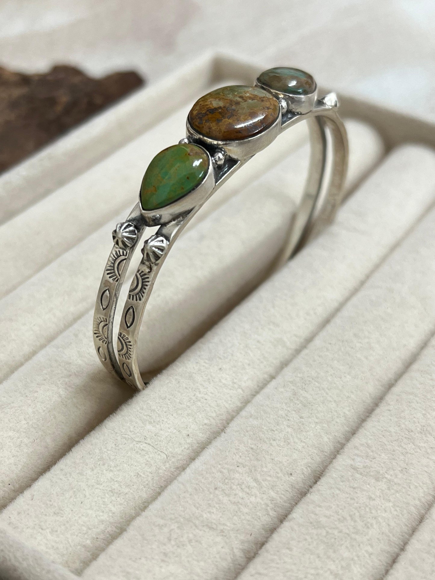Handmade Sterling Silver Old Stock Royston Turquoise Bracelet with Signed Nizhoni