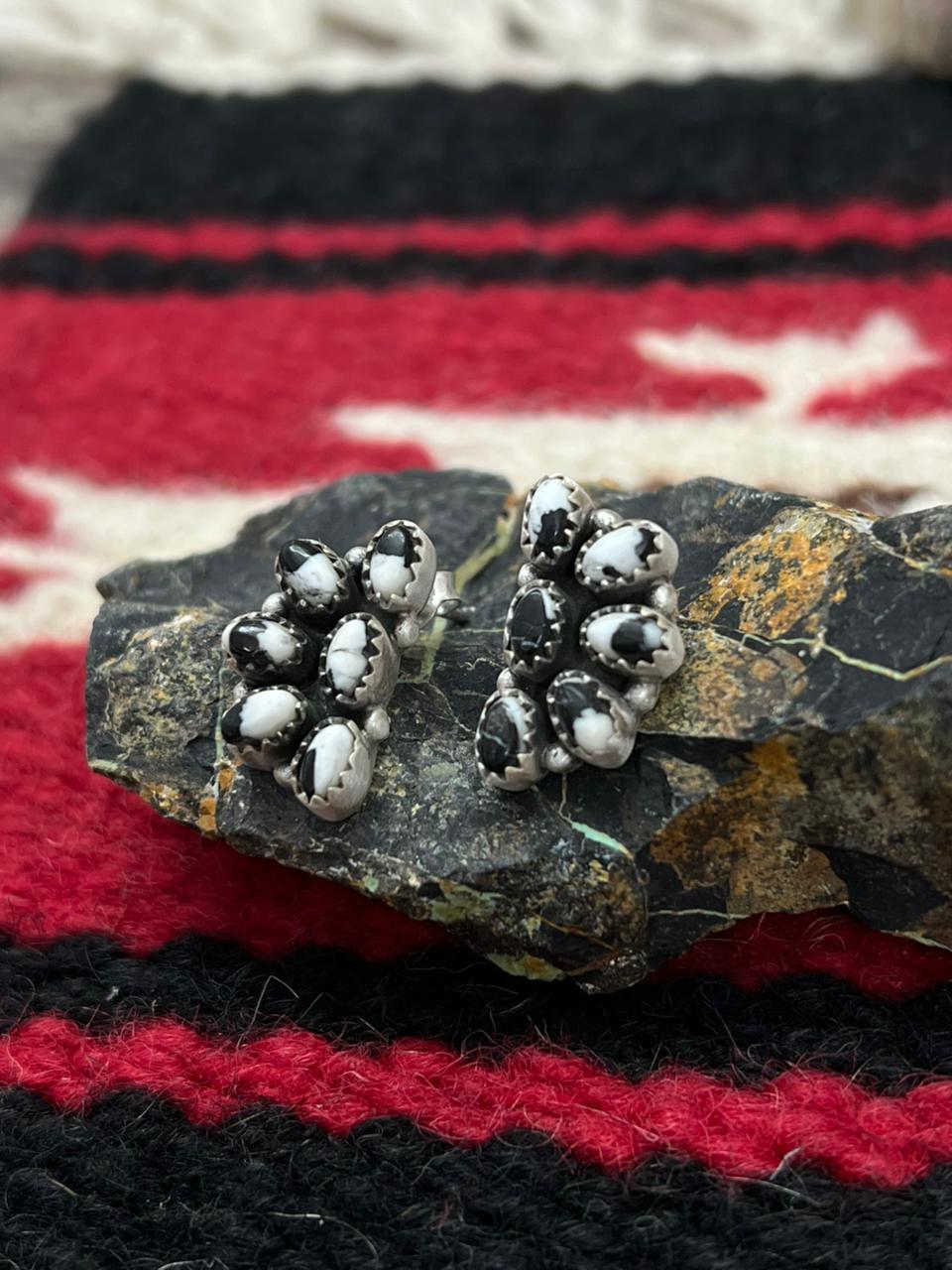 Handmade Sterling Silver White Buffalo Studs Earrings "Signed Nizhoni"