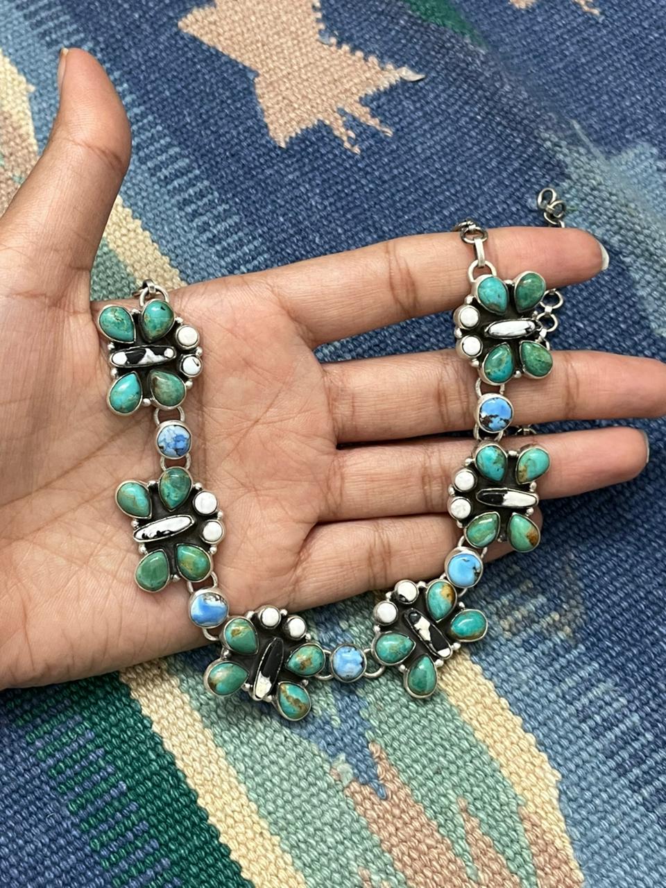 Handmade Sterling Silver White Buffalo with Kingman and Golden Hills Turquoise Necklace "Signed Nizhoni"