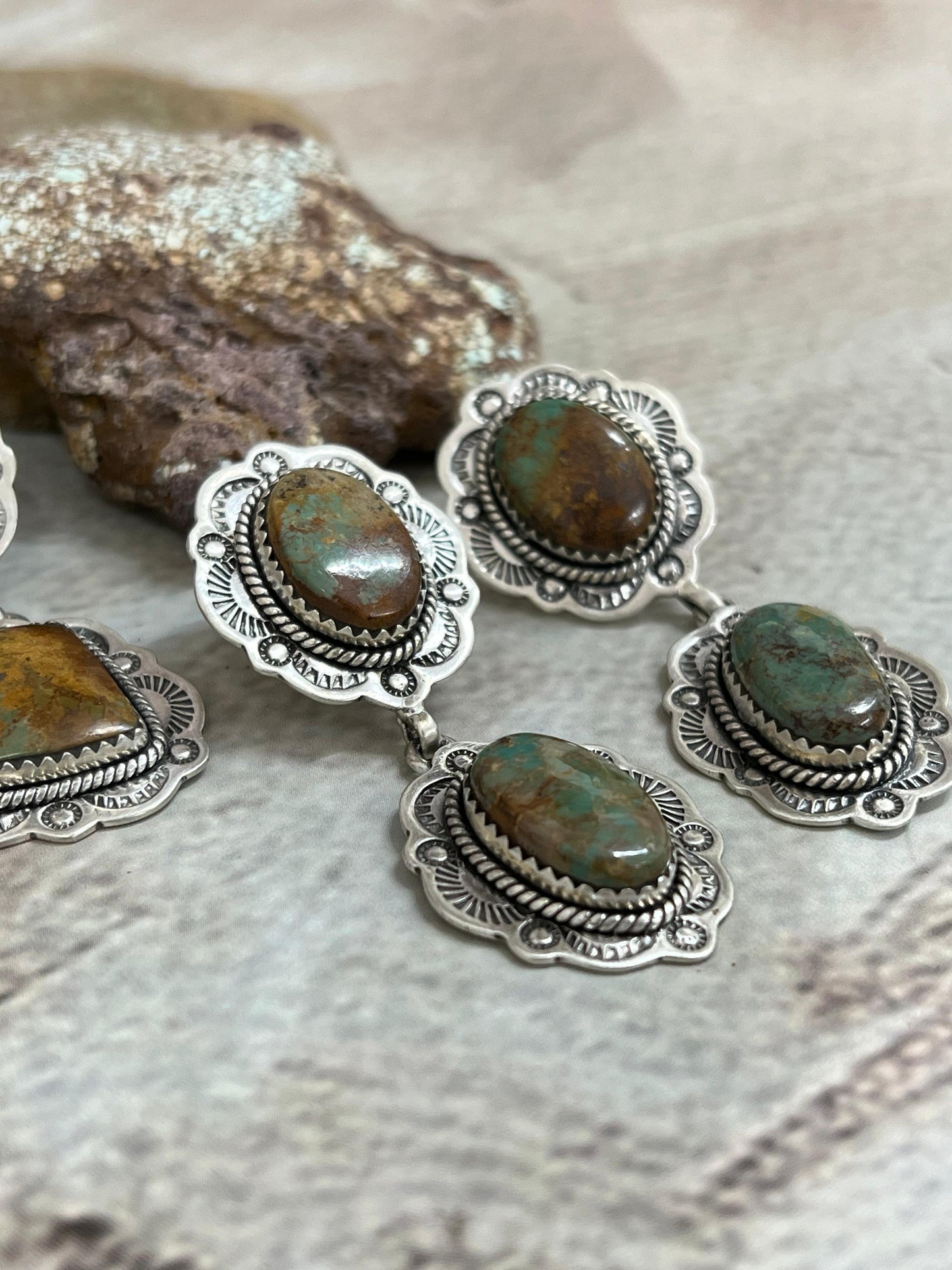 Handmade Sterling Silver Old Stock Royston Turquoise Post Dangle Earrings with Signed Nizhoni