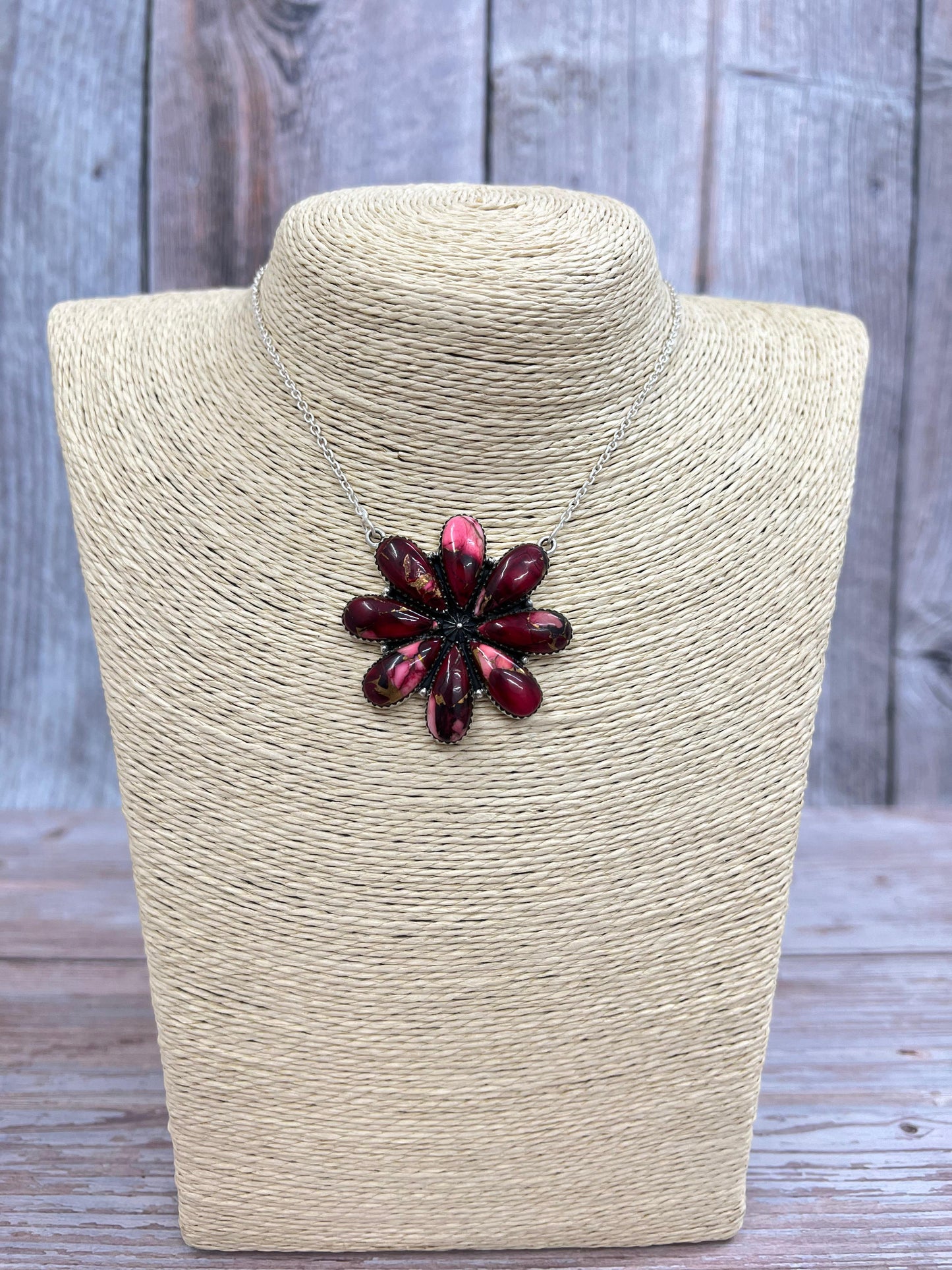 Handmade Sterling Silver Dahlia Rose Flower Necklace with Signed Nizhoni