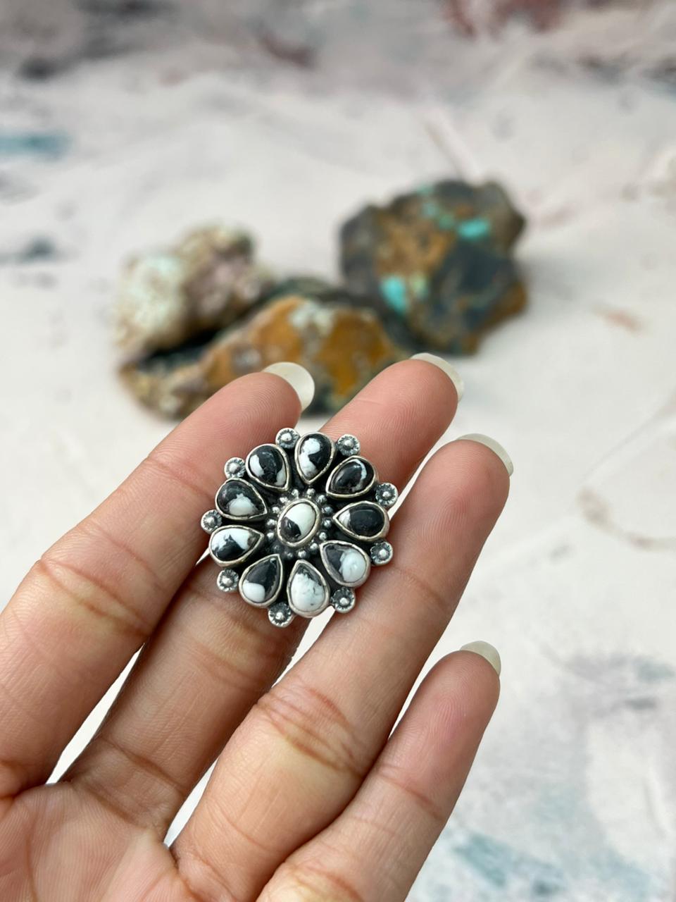 Handmade Sterling Silver White Buffalo Turquoise Adjustable Ring "Signed Nizhoni"