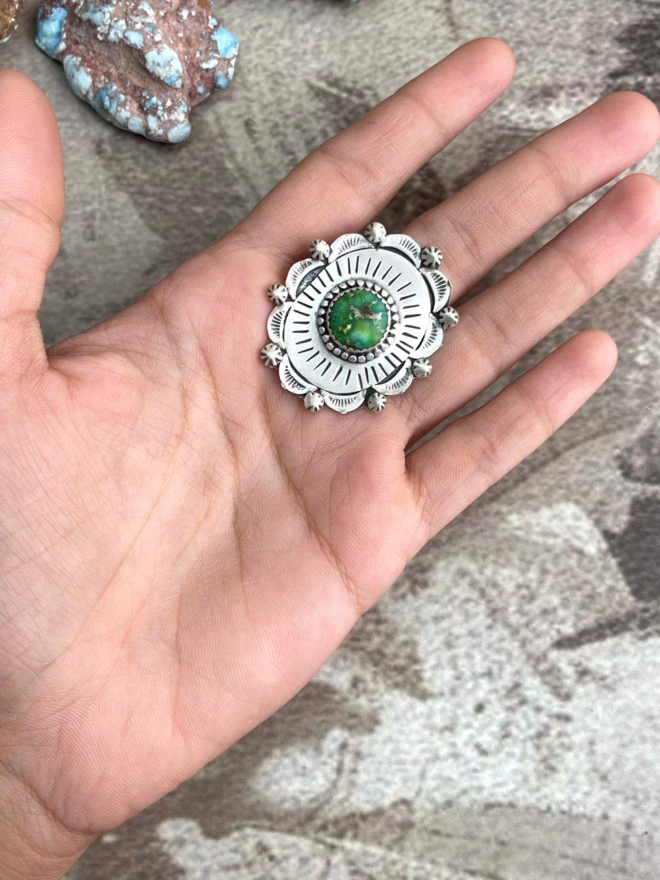 Handmade Sterling Silver Sonoran Mountain Turquoise Adjustable Ring with Signed Nizhoni