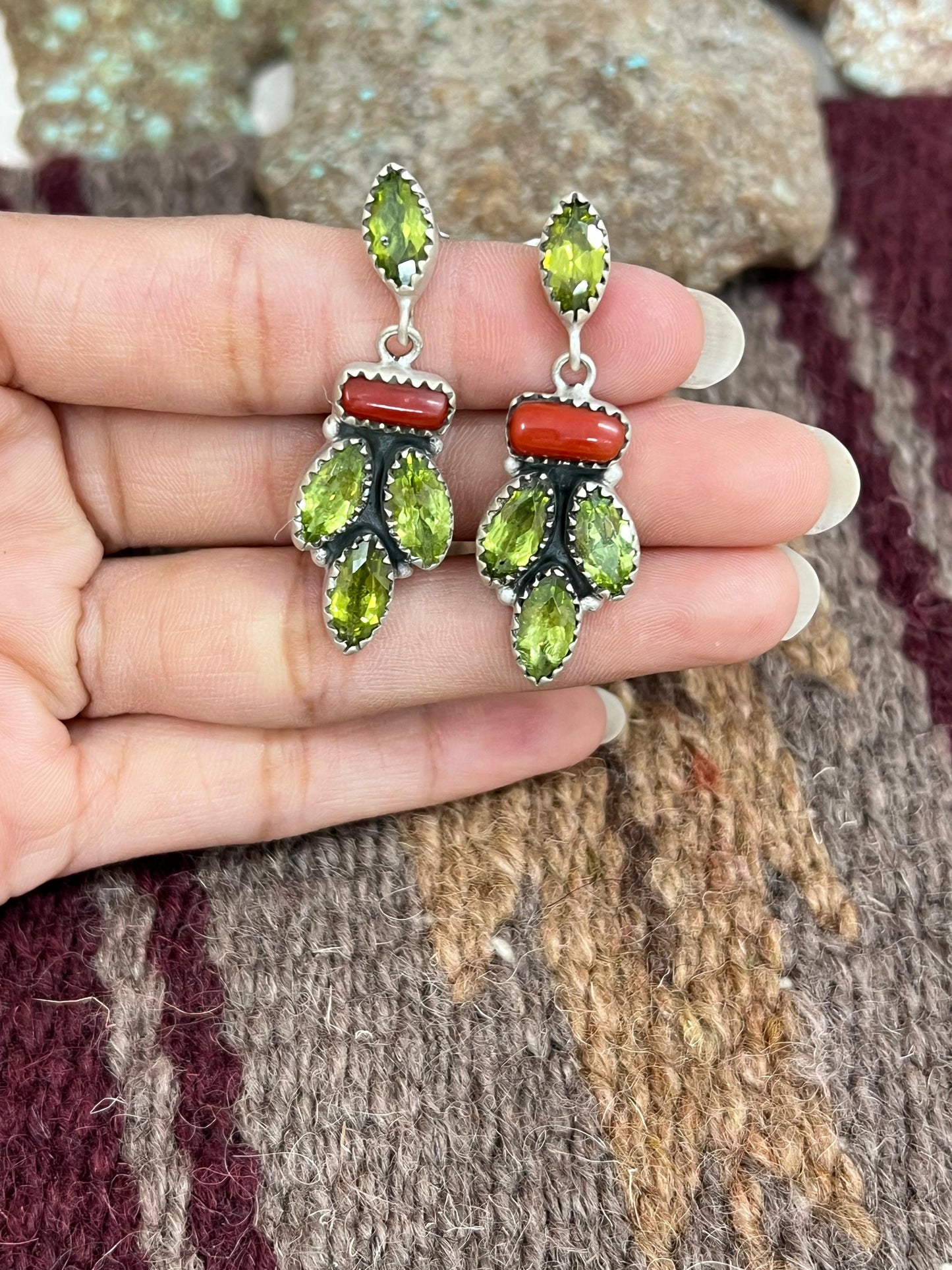 Christmas Collection Handmade Sterling Silver Coral with Peridot Post Dangle, Signed Nizhoni