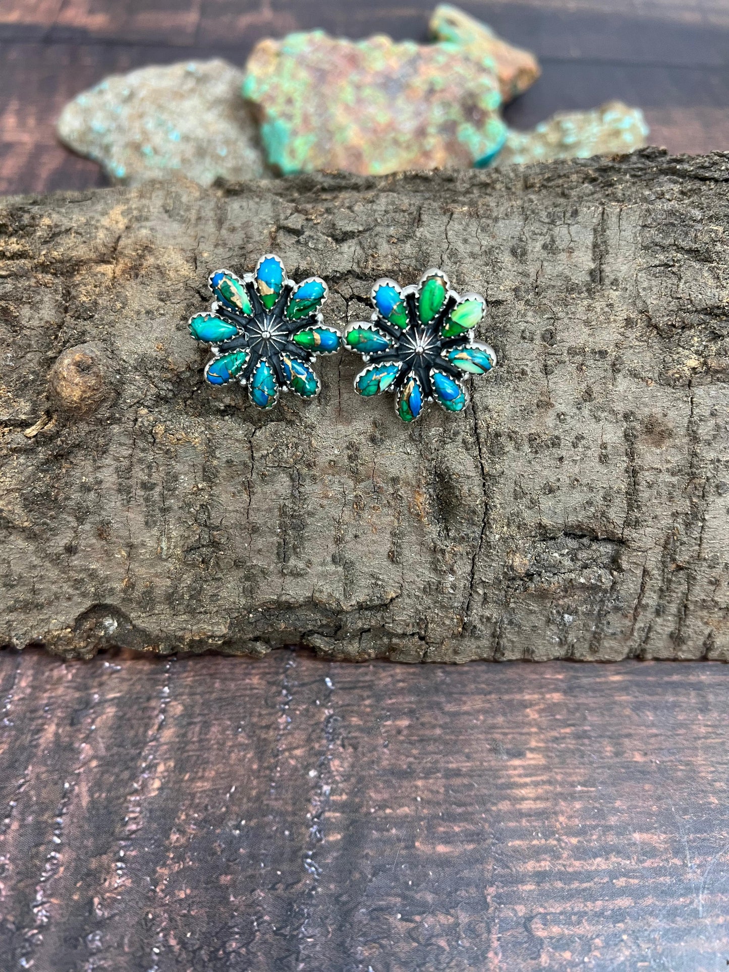 Handmade Sterling Silver Peacock Dahlia Post Earrings with Signed Nizhoni