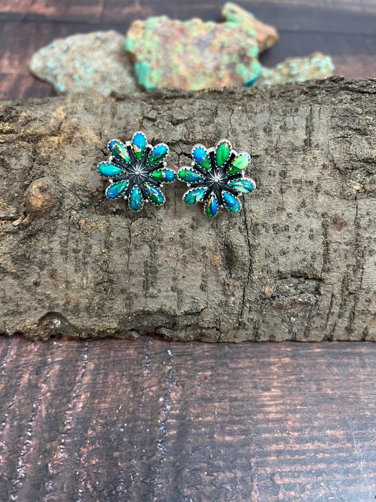 Handmade Sterling Silver Peacock Dahlia Post Earrings with Signed Nizhoni
