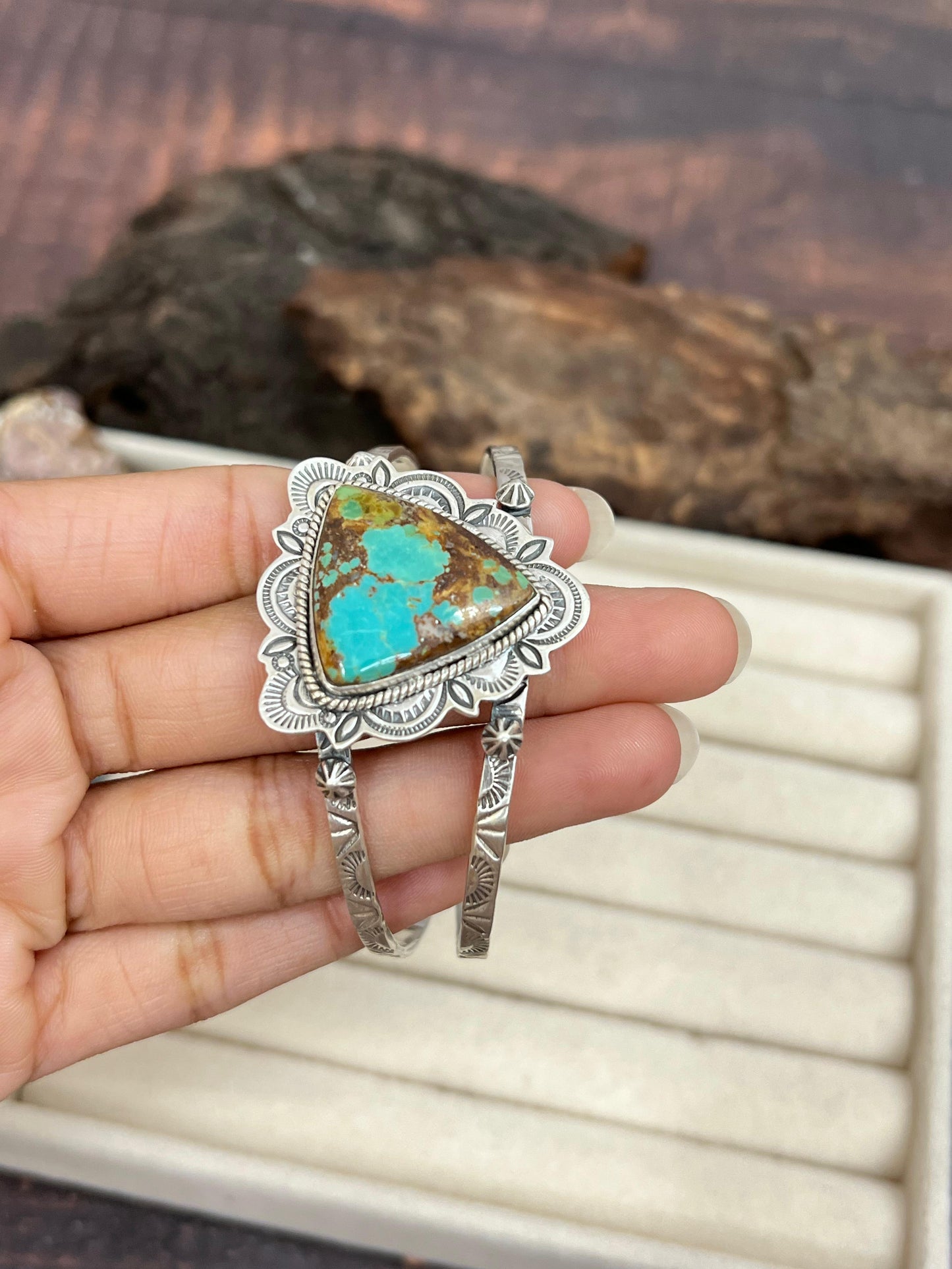 Handmade Sterling Silver Mantis Turquoise Cuff Bracelet Signed Nizhoni