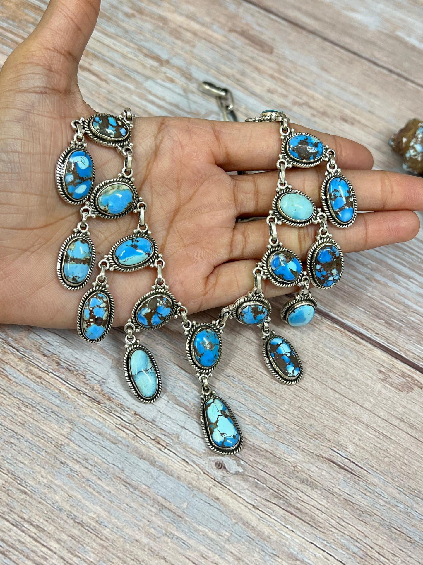 Handmade Sterling Silver Golden Hills Turquoise Necklace with Signed Nizhoni