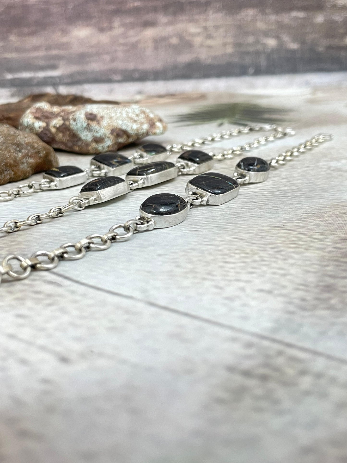 Handmade Sterling Silver Blackjack Turquoise Chain Bracelet Signed Nizhoni