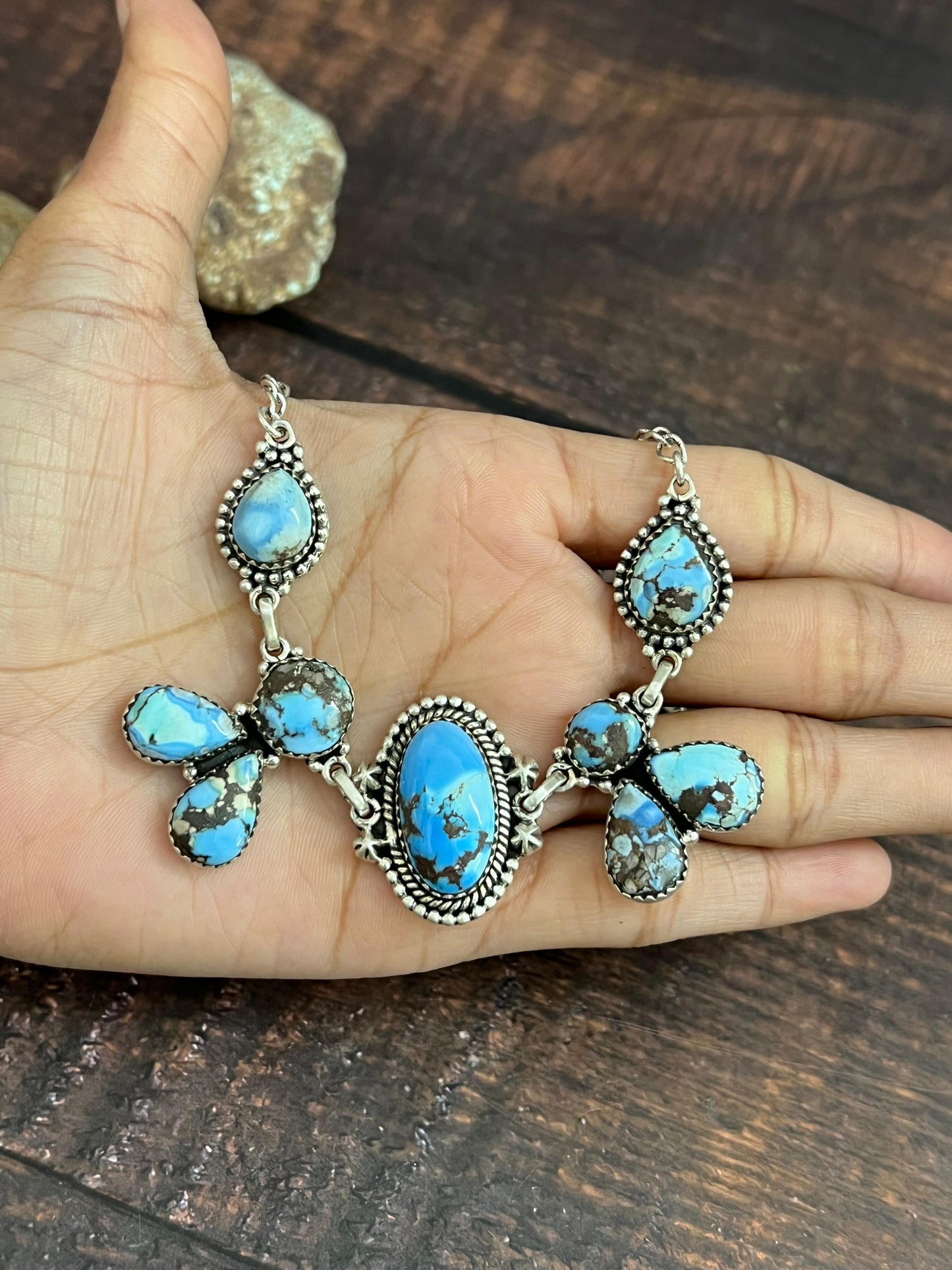 Handmade Sterling Silver Golden Hills Turquoise Necklace with Signed Nizhoni