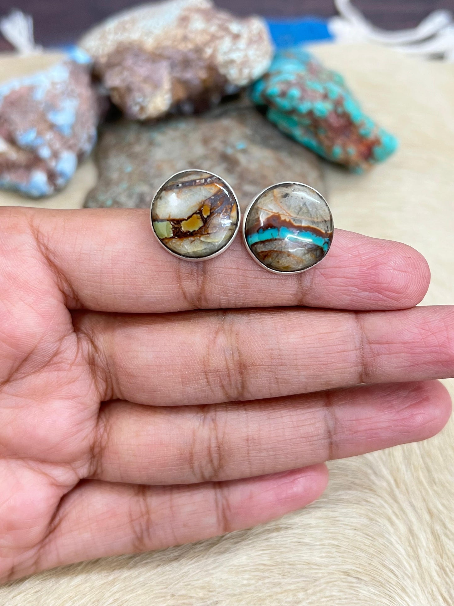 Handmade Sterling Silver Ribbon Royston Studs with Signed Nizhoni