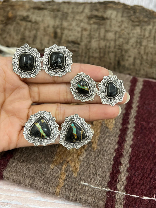 Handmade Sterling Silver Black Jack Post Earrings with Signed Nizhoni