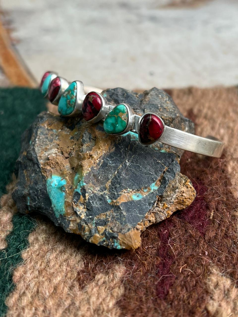 Handmade Sterling Silver Dahlia Rose with Emerald Valley Turquoise Cuff Bracelet "Signed Nizhoni"