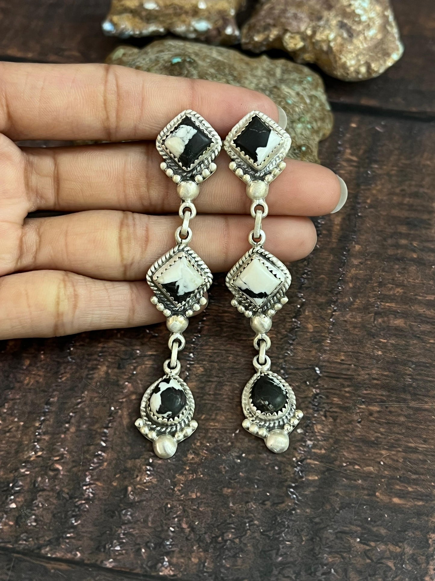 Handmade Sterling Silver White Buffalo Post Dangle Earrings with Signed Nizhoni