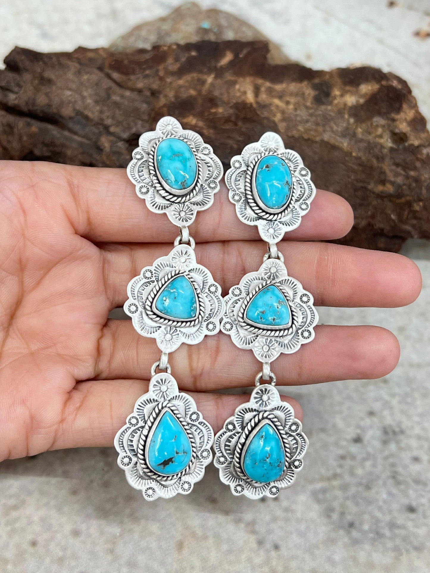 Handmade Sterling Silver White Water Turquoise Dangle Earrings with Signed Nizhoni