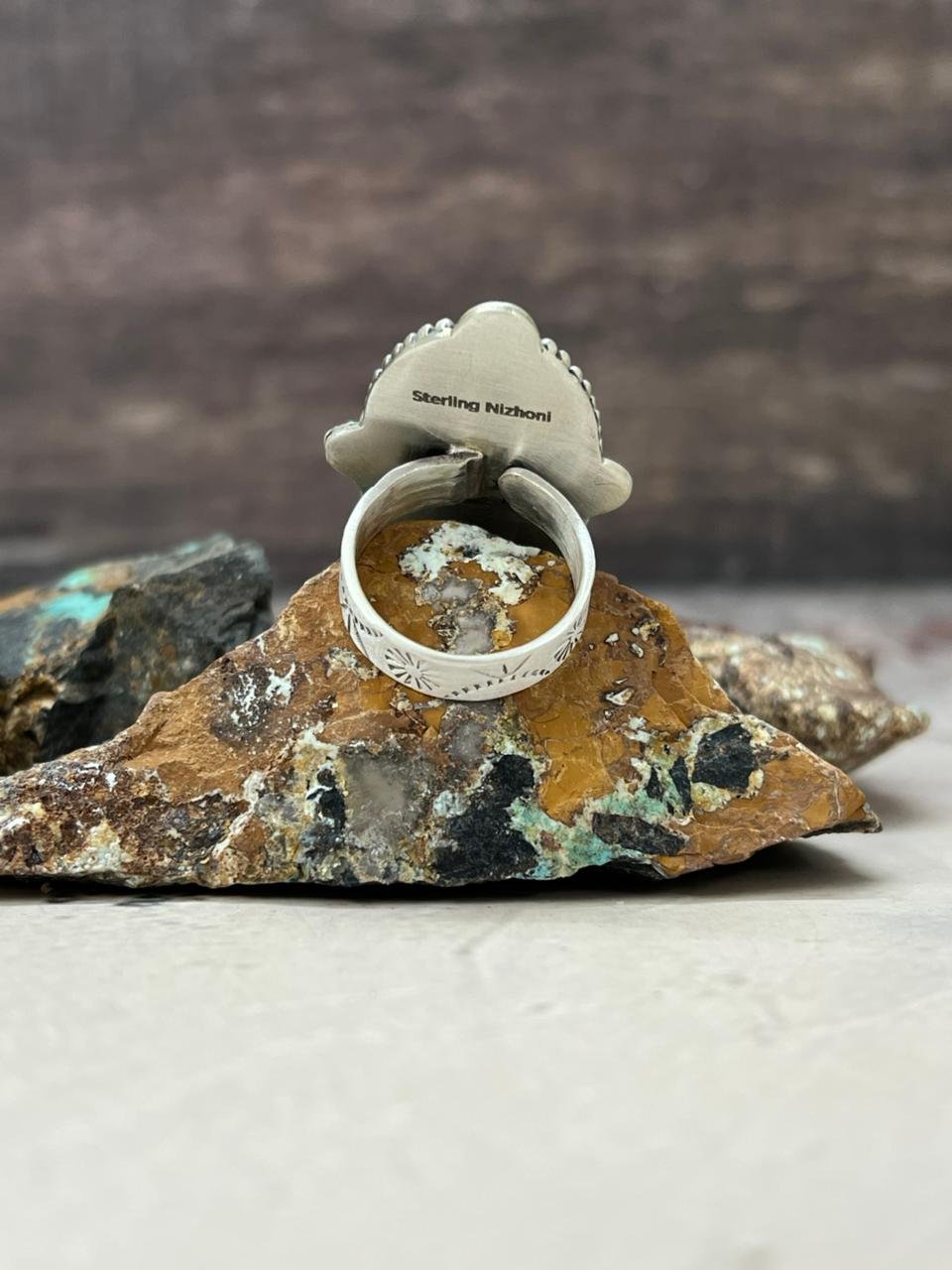 Handmade Sterling Silver Mantis Turquoise Adjustable Ring "Signed Nizhoni"