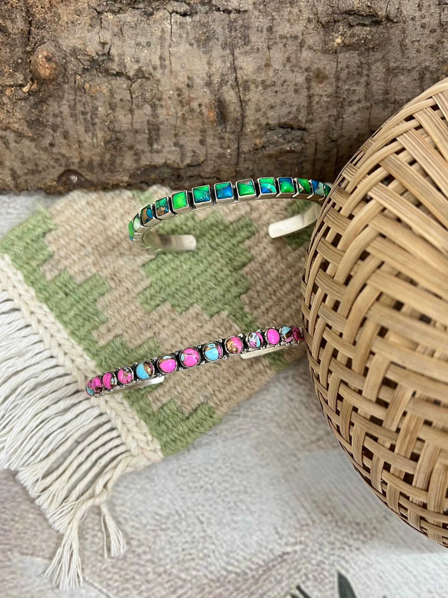 Handmade Sterling Silver Peacock Dahlia, Cotton Candy Cuff Bracelet with Signed Nizhoni