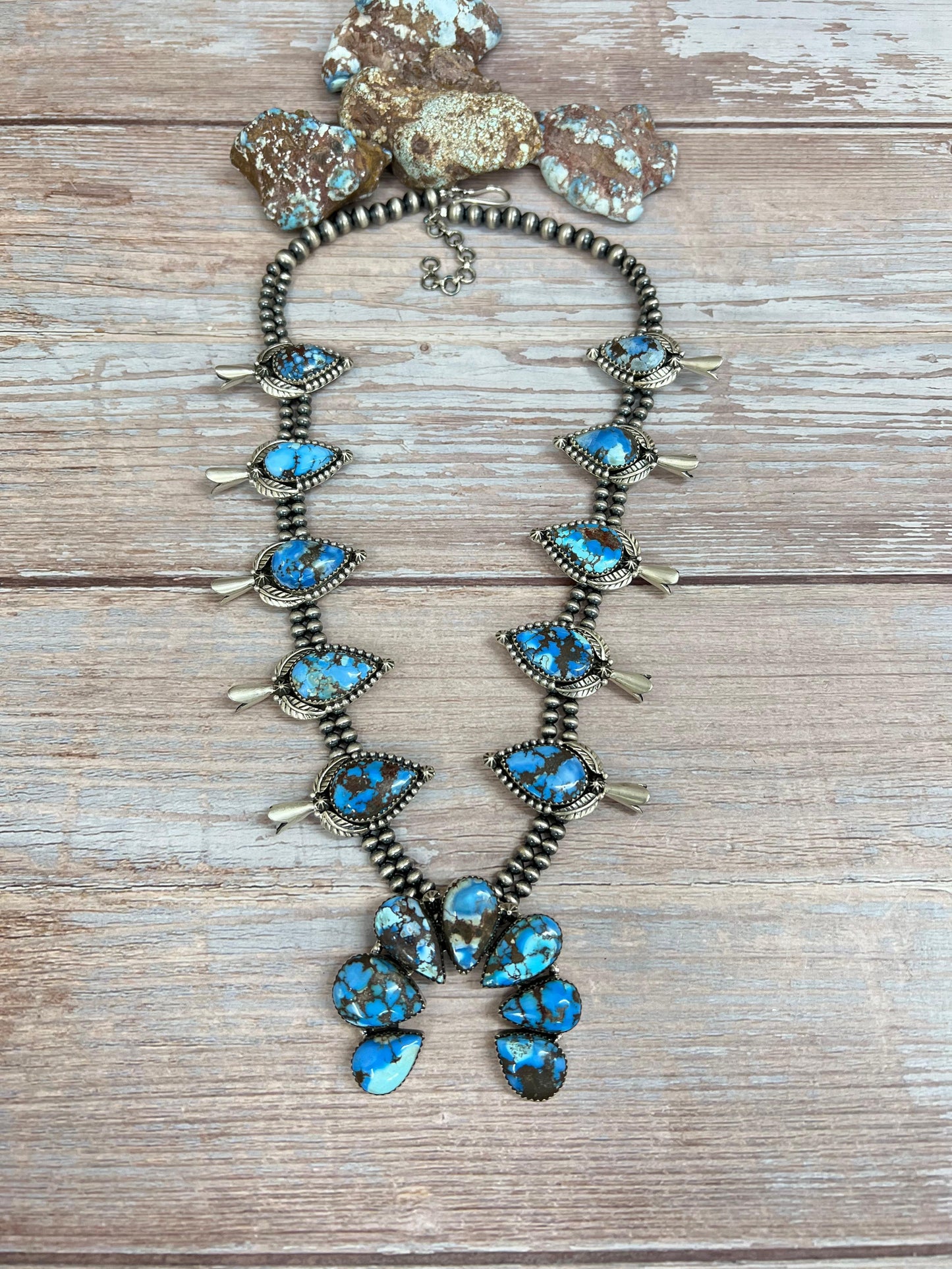 Handmade Sterling Silver Golden Hills Turquoise Beaded Squash Blossom Necklace with Signed Nizhoni