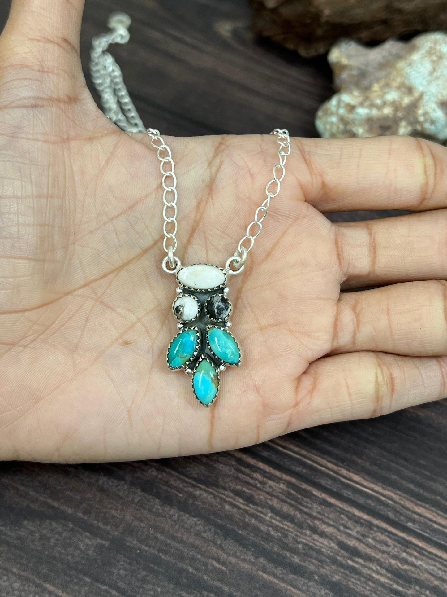 Handmade Sterling Silver Kingman Turquoise with White Buffalo Necklace with Signed Nizhoni