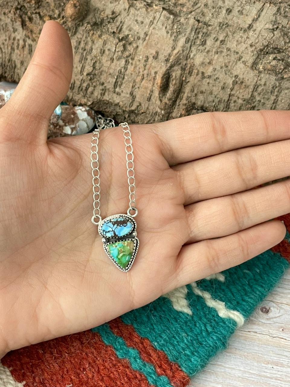 Handmade Sterling Silver Golden Hills Turquoise with Sonoran Mountain Turquoise Necklace "Signed Nizhoni"