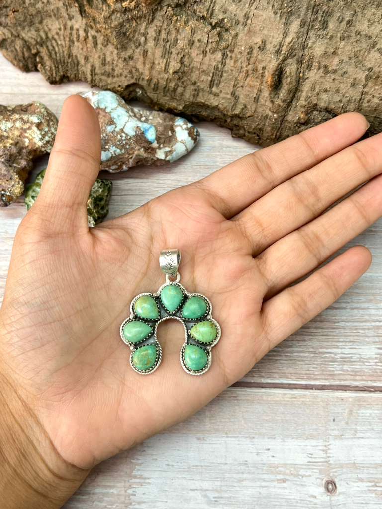 Handmade Sterling Silver Old Stock Royston Turquoise Naja Pendant with Signed Nizhoni